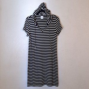 Cabi Hooded Dress Women's Size Small Black White Stripe Short Sleeve Knee Length